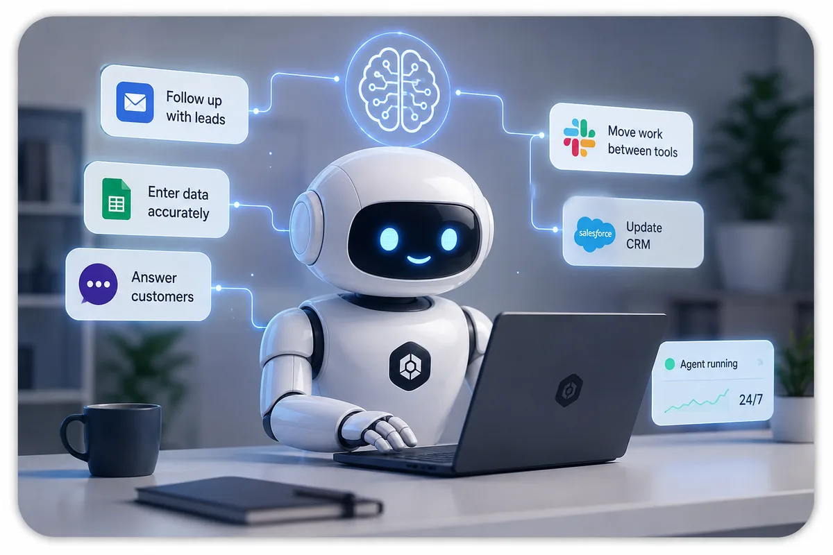 A friendly robot working at a laptop while an AI brain routes tasks — following up with leads, entering data, answering customers, and updating the CRM.