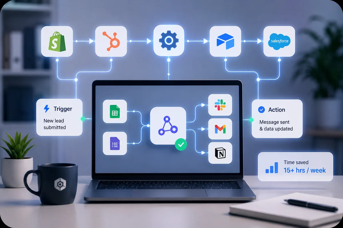 A laptop showing an automated workflow — a new-lead trigger flowing through connected apps like Sheets, Slack, Gmail and Salesforce to a completed action, saving 15+ hours a week.