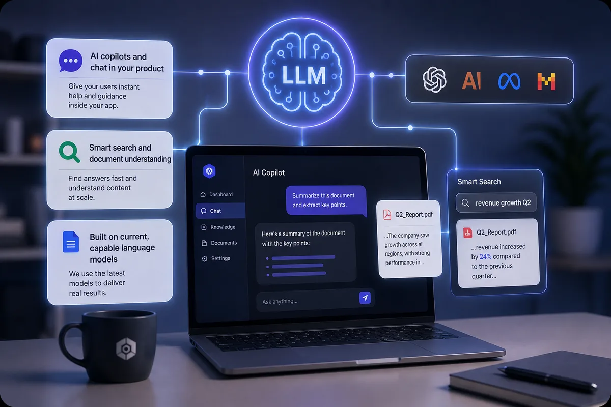 An AI copilot inside an app — summarizing a document, answering questions, and running smart search across files — powered by current large language models.