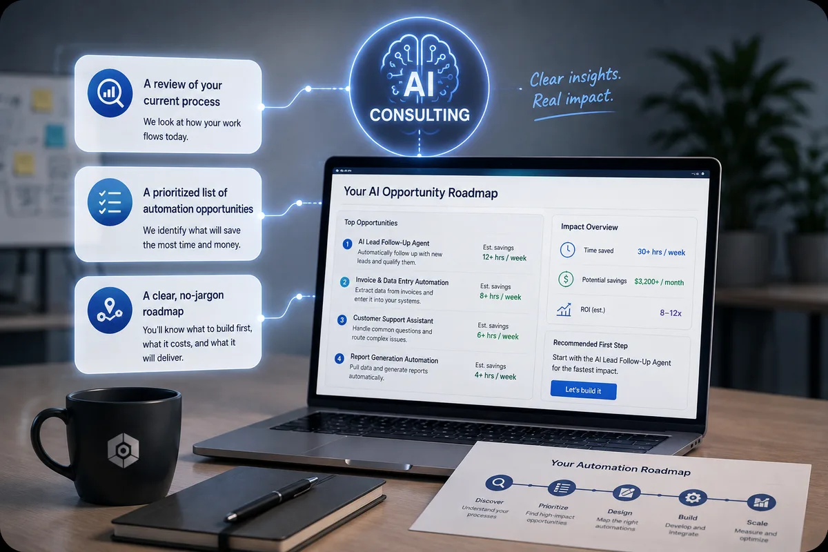 An AI opportunity roadmap on a laptop — prioritized automations with estimated time savings, potential monthly savings, and a recommended first step.