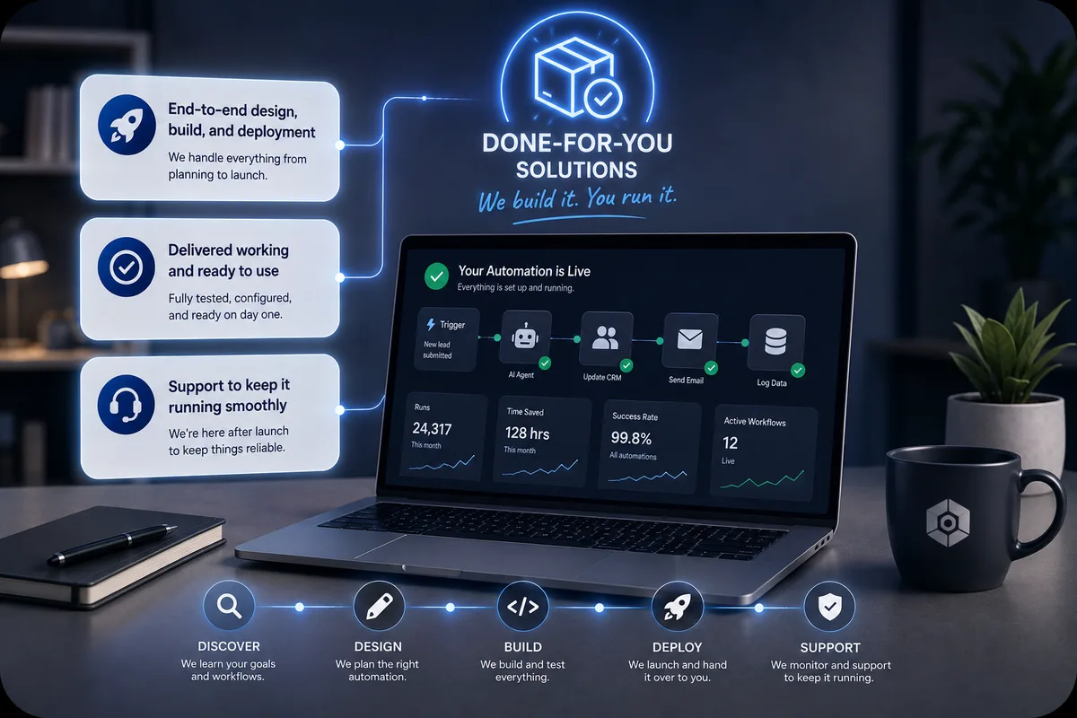 A live automation dashboard on a laptop — a complete workflow built, deployed, and running, showing runs, time saved, and success rate, from discover through support.